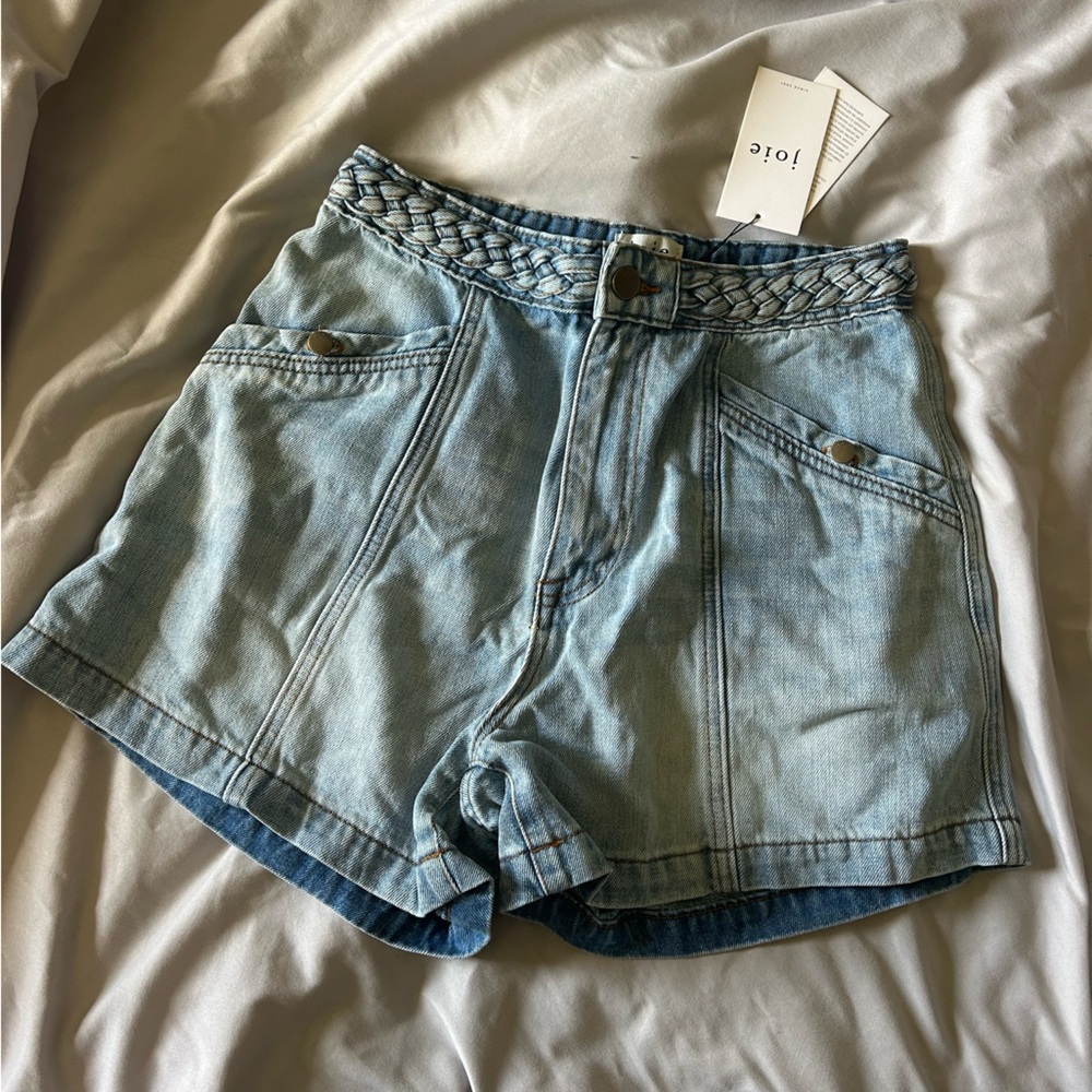 Joie Light Blue Braided-Waist Denim Shorts